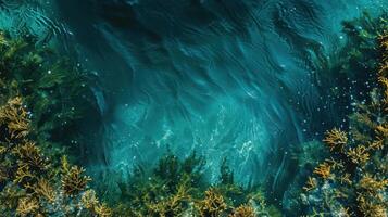 A view of the ocean from above with green algae photo