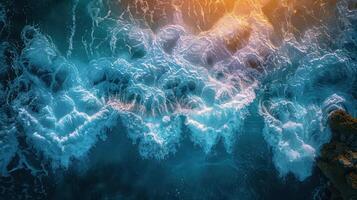 An aerial view of the ocean with waves and sun photo