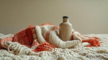A bottle of milk sits on a blanket photo