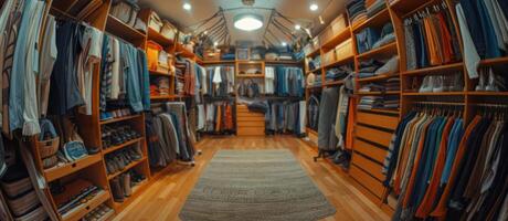 A walk - in closet with many clothes and shoes photo