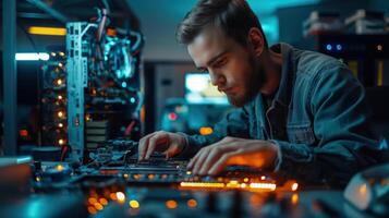 A man in a dark room with a computer and keyboard photo