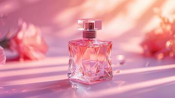 A perfume bottle with pink flowers on a table photo