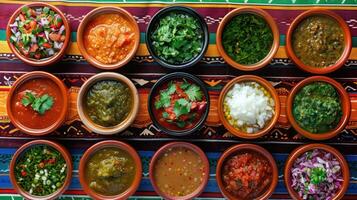 A colorful array of mexican dishes are arranged on a colorful tablecloth photo