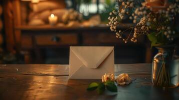An envelope on a table with a vase of flowers photo