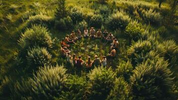 A group of people in a circle in the middle of a field photo