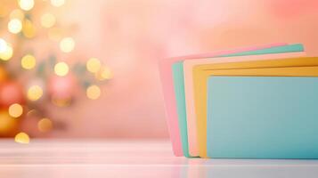 Colorful folders on a table with a christmas tree in the background photo