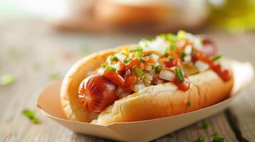 A hot dog with ketchup and onions on a wooden table photo