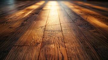 A close up of a wooden floor with sunlight shining through photo