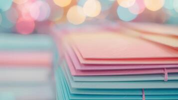 A stack of colorful paper with a bokeh background photo