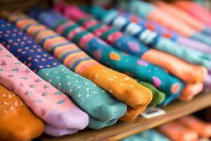 A row of colorful socks on a shelf photo