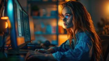A woman in glasses is working on a computer photo