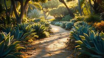 A path through a lush green garden with plants photo