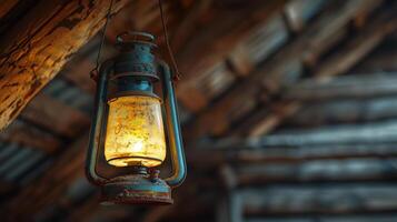 Old lantern hanging from the ceiling of a wooden building photo