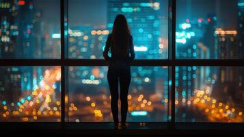 A woman standing in front of a window looking out at the city at night photo