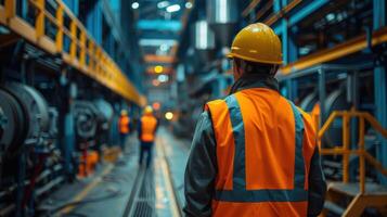 A man in an orange vest and hard hat standing in a factory photo