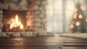 A fireplace with a christmas tree in the background photo