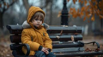 A little boy in a yellow jacket sitting on a bench photo