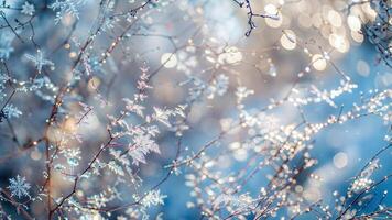 Snowflakes on a tree branch in the winter photo