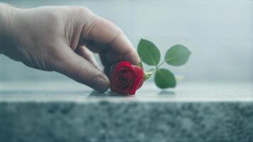 A hand holding a red rose on a table photo