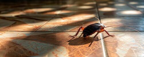 A cockroach on a tile floor in a room photo