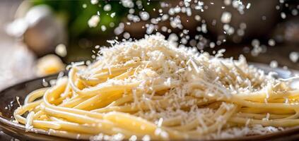 A bowl of pasta with cheese sprinkled on top photo
