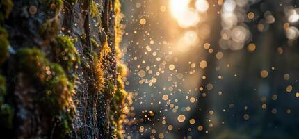 A mossy forest with water droplets falling from the sky photo