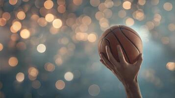 A hand holding a basketball ball in front of a blurry background photo