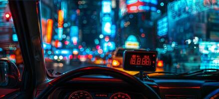 A car dashboard with a clock and a city view photo