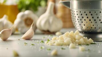 Garlic and garlic cloves on a counter photo