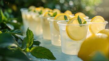 A row of cups with lemon slices and mint leaves photo