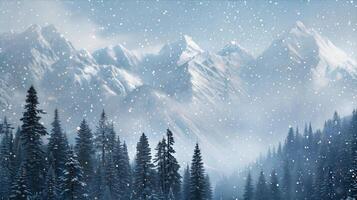 A snowy mountain scene with trees and snow photo