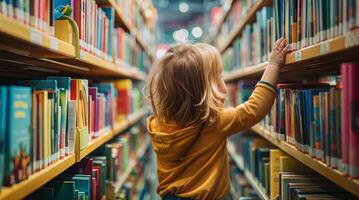 A little girl is standing in a library looking at books photo