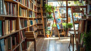 A library with many books on shelves and a table photo