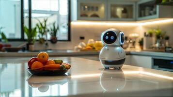 A robot is sitting on a counter in a kitchen photo