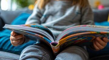 A child is reading a book on a couch photo