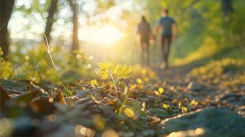A couple walking through a forest with the sun shining photo