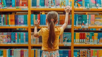 A little girl is reaching for books on a shelf photo