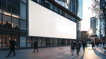 A large blank billboard is seen in front of a building photo