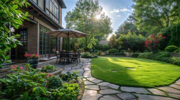 A lawn with a stone path and a patio photo