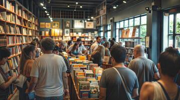 People are standing in a bookstore looking at books photo