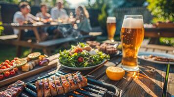 A table with food and beer on it photo