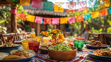 A mexican table with colorful plates and food photo