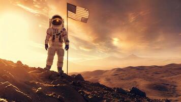 Astronaut standing on the top of a mountain with an american flag photo