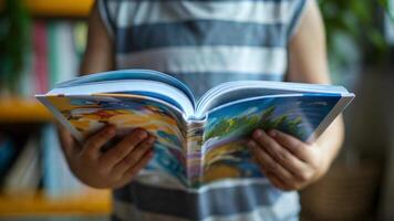 A child holding an open book in front of a bookcase photo