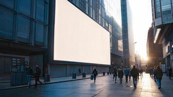 A large blank billboard is seen in the middle of a city street photo