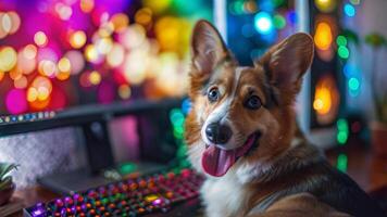 A dog sitting in front of a computer photo