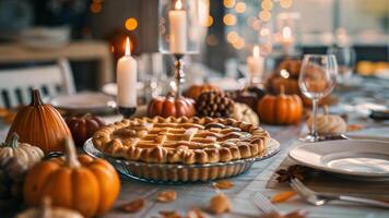 A table set for thanksgiving with pumpkin pie and candles photo