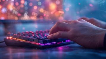 A person is using a computer keyboard with colorful lights photo