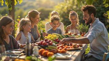A family is sitting around a table with fruit and vegetables photo