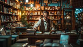A man is standing in front of a bookcase in a book store photo